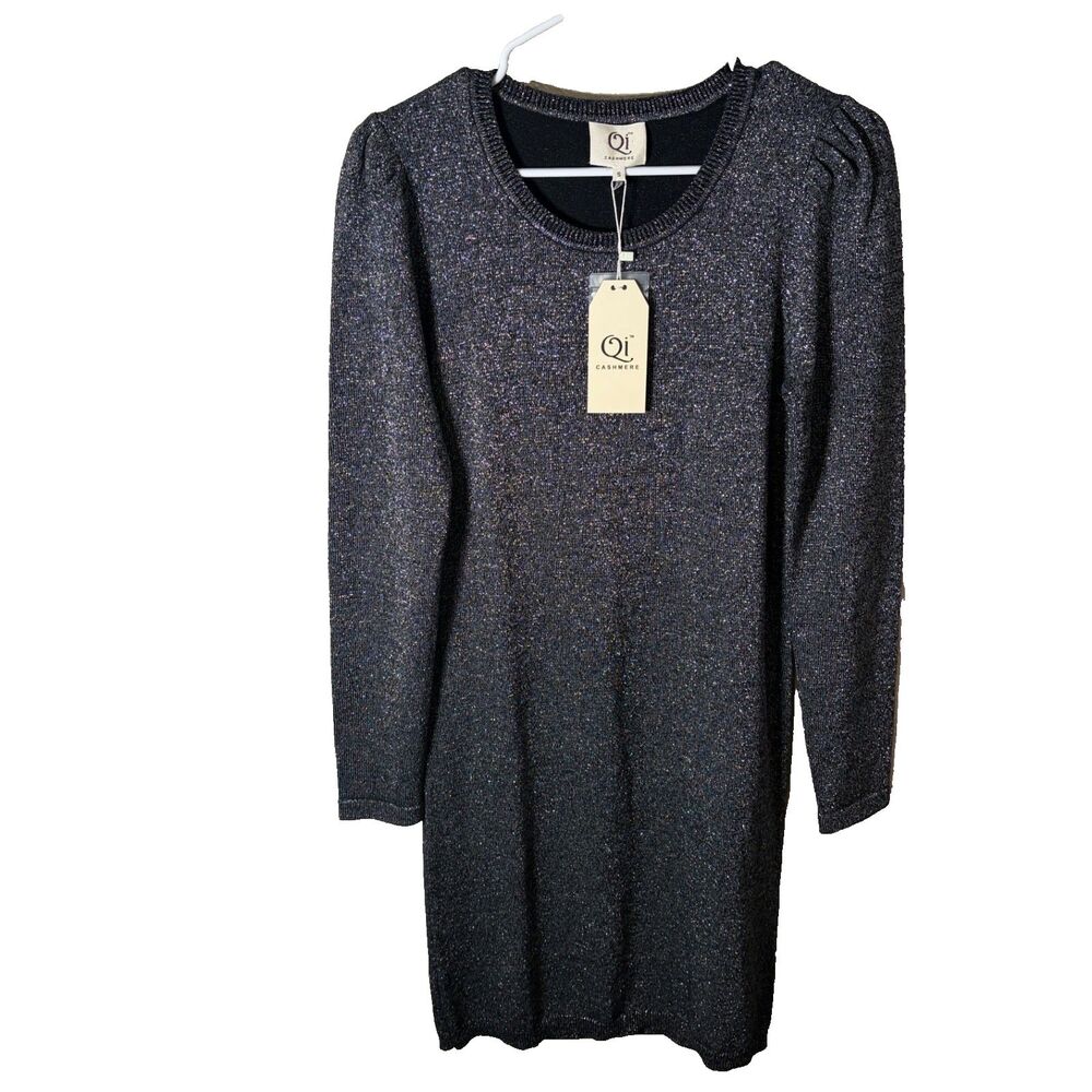 Qi Cashmere Dress Women's Small Gray Metallic Wool Blend Knit Long Sleeve